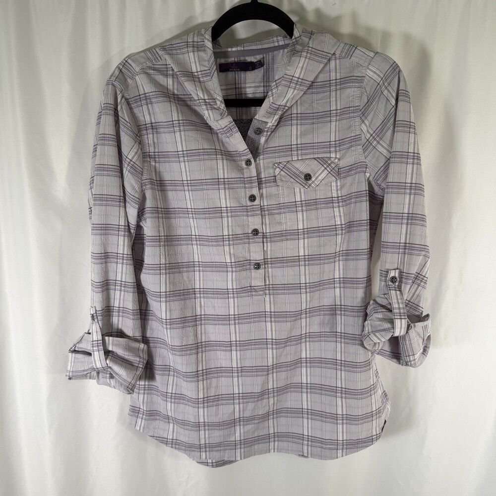 Prana Shirt Women's Small Purple Plaid Long Sleeve Hooded Lace Detail Buttons